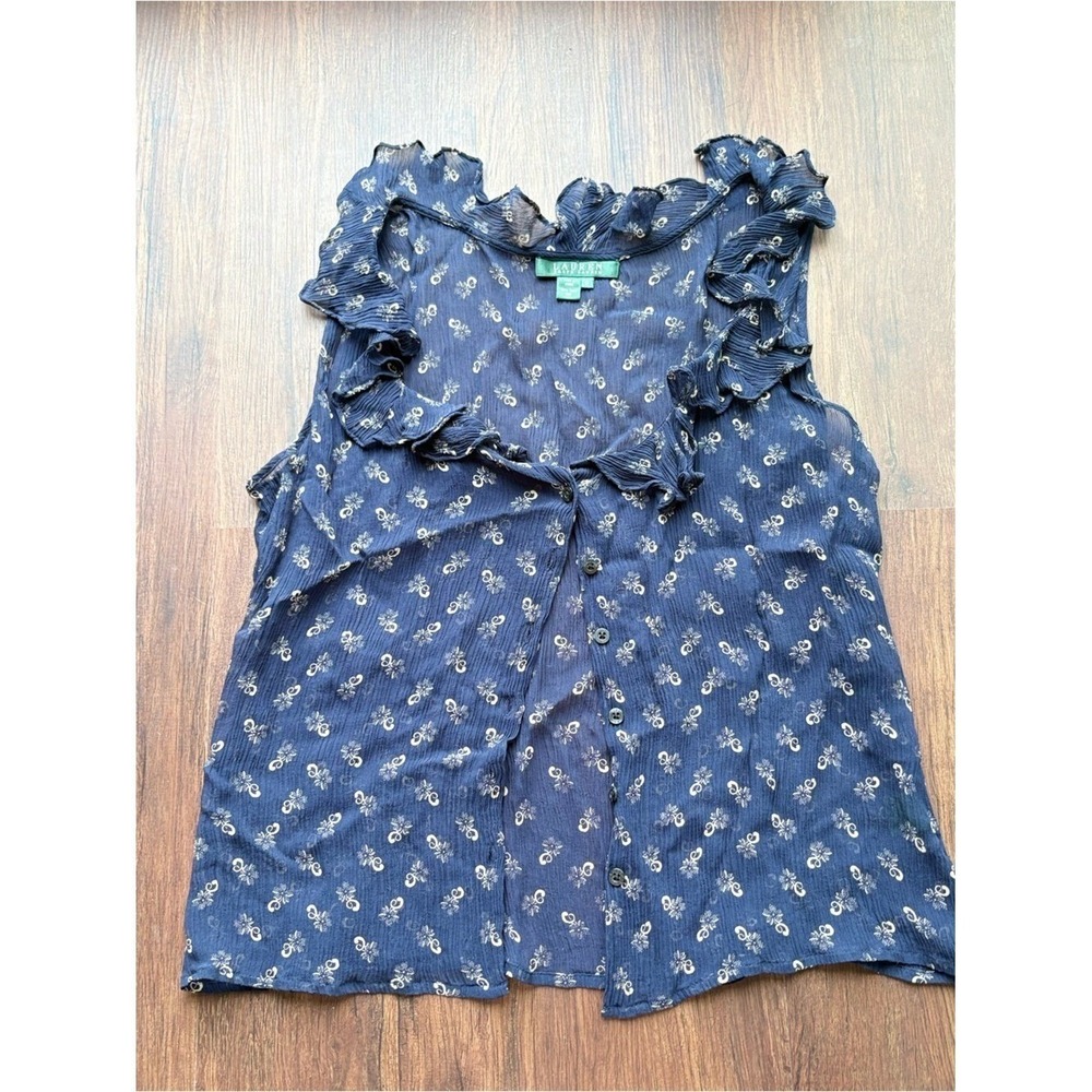 Vintage Romantic Lauren‎ Ralph Lauren 100% Silk Ruffle-Neck Sleeveless Blouse 12